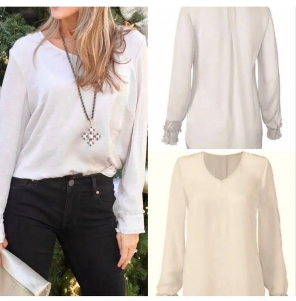 CAbi | Ivory Off White Satin V-Neck Long Sleeve Ruffle Wrists Blouse Sz Large